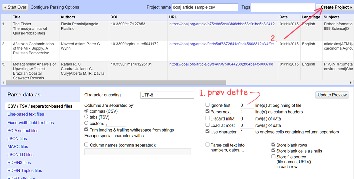 "Valg ved opprettelse av et nytt prosjekt i OpenRefine"