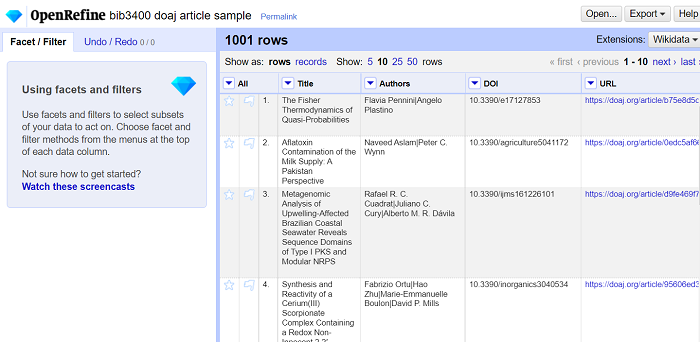 "Hovedvinduet i OpenRefine"